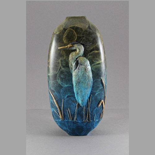 FL112 Bronze Vase Blue Heron 12x6x4 $1950 at Hunter Wolff Gallery